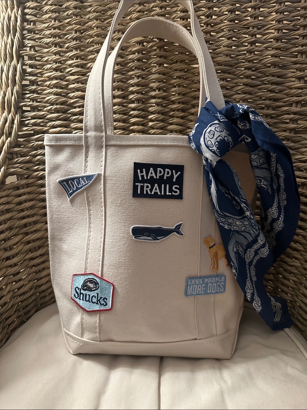 Canvas Tote Bag with Navy Scarf and Patch Details - Cream BRAND NEW!